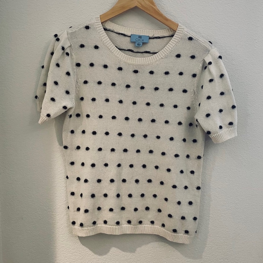 NWOT CECE Short Sleeve Sweater with puff sleeves and pom poms